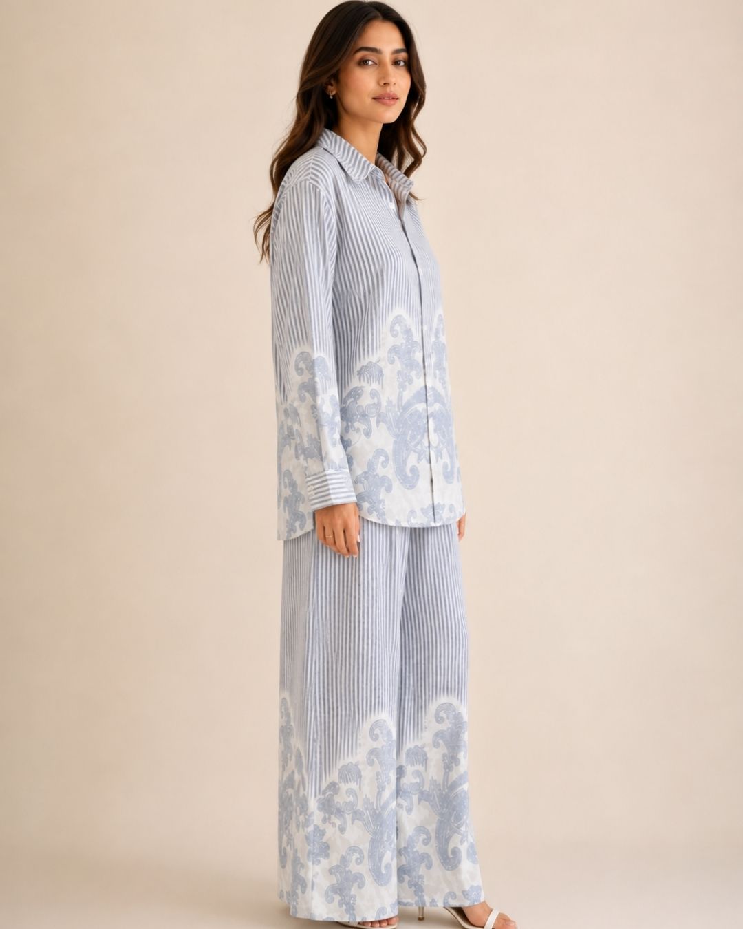 Women’s Striped Co-ord Set with Paisley Print | Button-Down Shirt & Wide Leg Pants