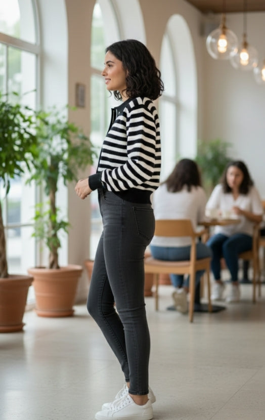 Women’s Striped Knit Polo Top – Long Sleeve Casual Chic Sweater