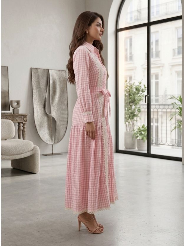 Elegant Gingham Shirt Dress with Lace Panel Detailing