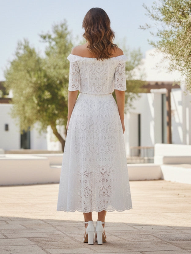 Elegant Off-Shoulder Lace Midi Dress