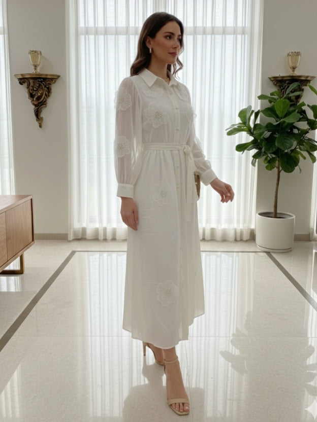 Floral Appliqué Sheer Midi Dress with Belt