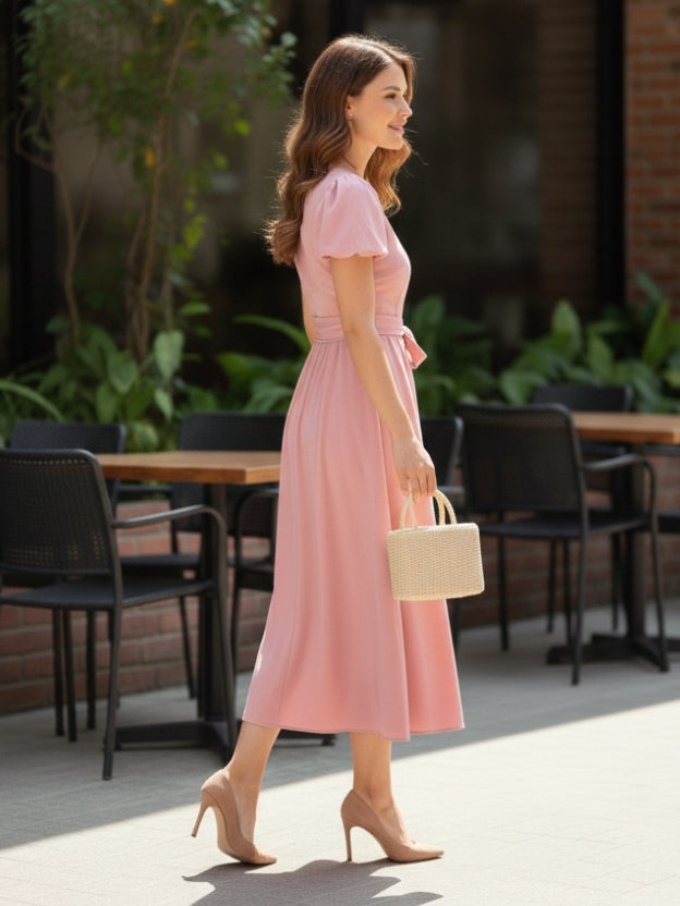 Elegant Burgundy Midi Dress for Women – Puff Sleeve Sweetheart Neckline Party Dress