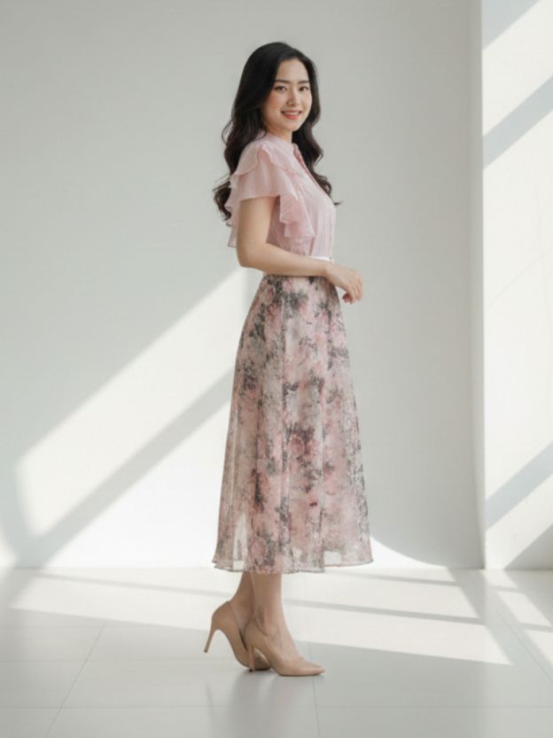 Elegant Floral Midi Dress with Soft Ruffle Details