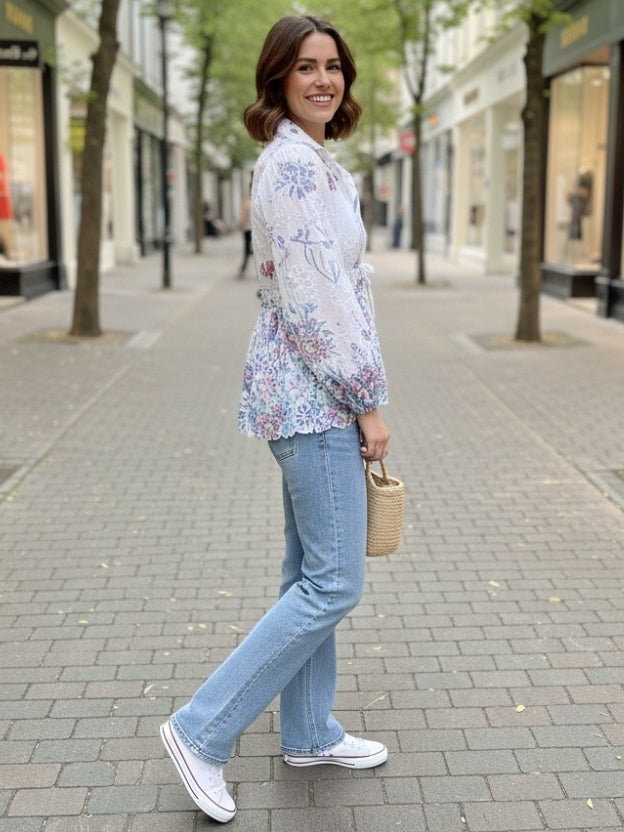 Sheer Floral Lace Tie-Front Peplum Shirt