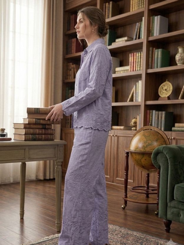 Elegant Embroidered Two-Piece Button-Down Shirt and Wide-Leg Pant Set