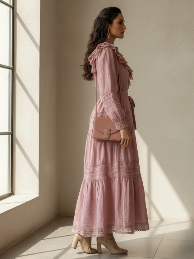 Lace Panel Tiered Midi Dress with Waist Tie