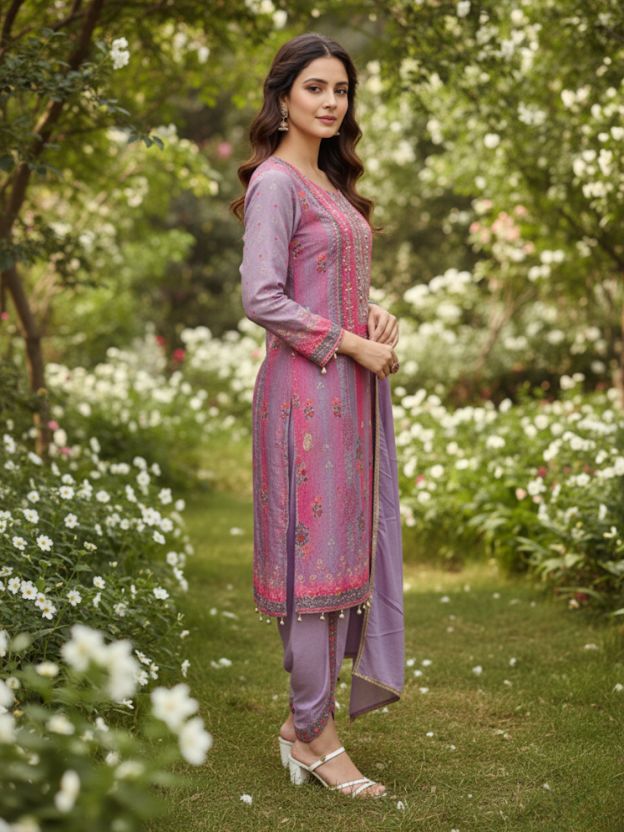 Lavender Bloom Cotton Suit With  Floral Detailing