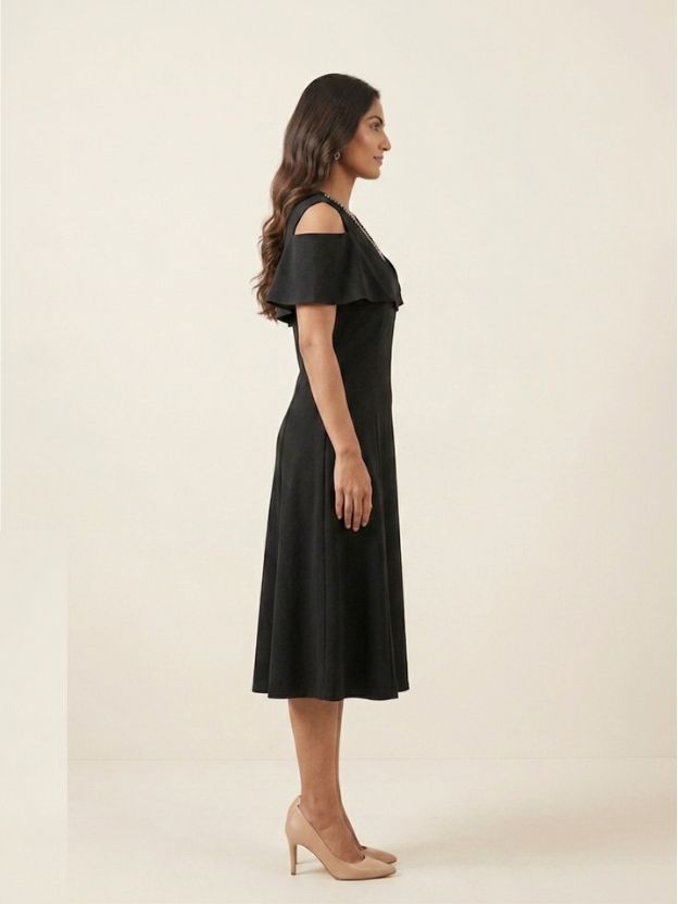 Velvet Whisper Cold-Shoulder Midi Dress