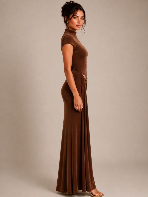 Women's Elegant Mock Neck Ruched Maxi Dress with Gold Buckle Detail | Bodycon Evening Party Gown | Wine Brown