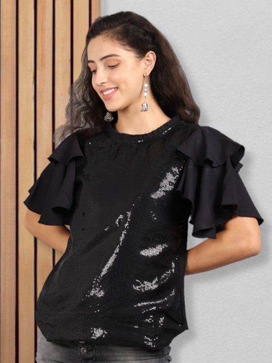 Women Embellished Flutter Sleeve Crepe Top