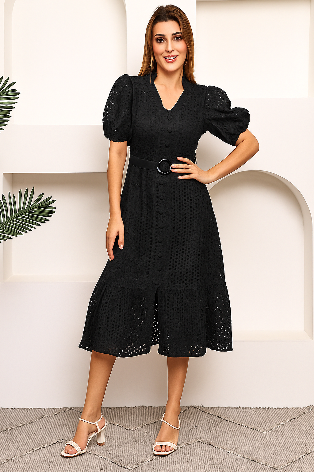 Women V-Neck Schiffli Puff Sleeve Fit and Flare Dress