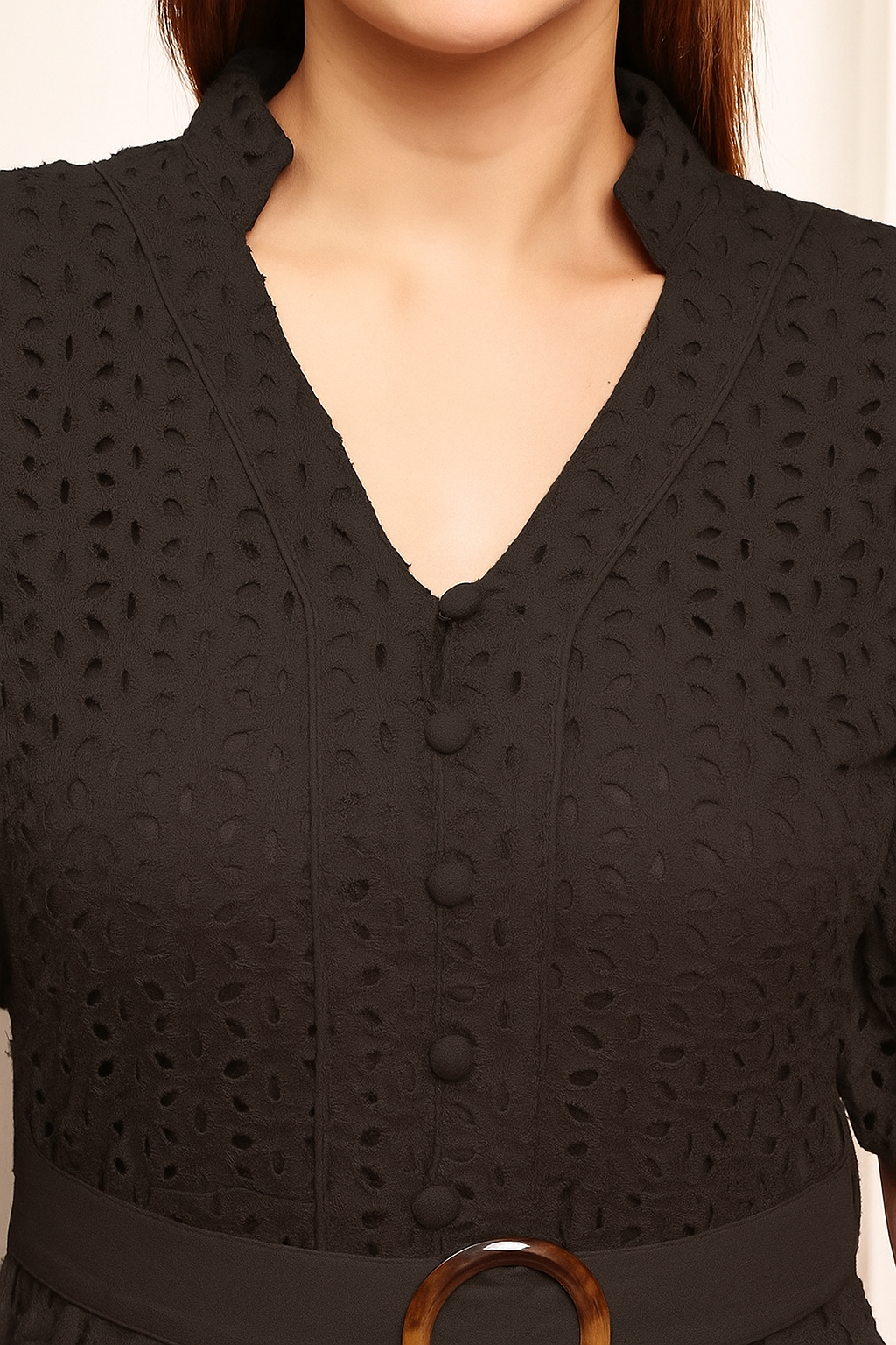 Women V-Neck Schiffli Puff Sleeve Fit and Flare Dress