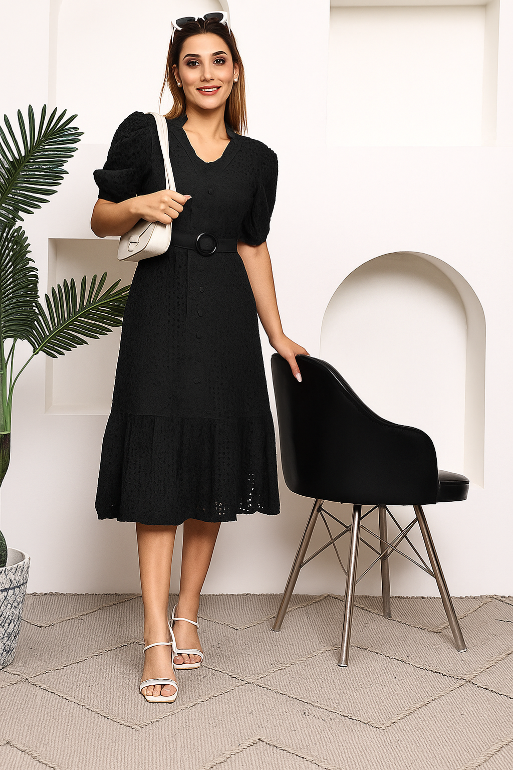 Women V-Neck Schiffli Puff Sleeve Fit and Flare Dress