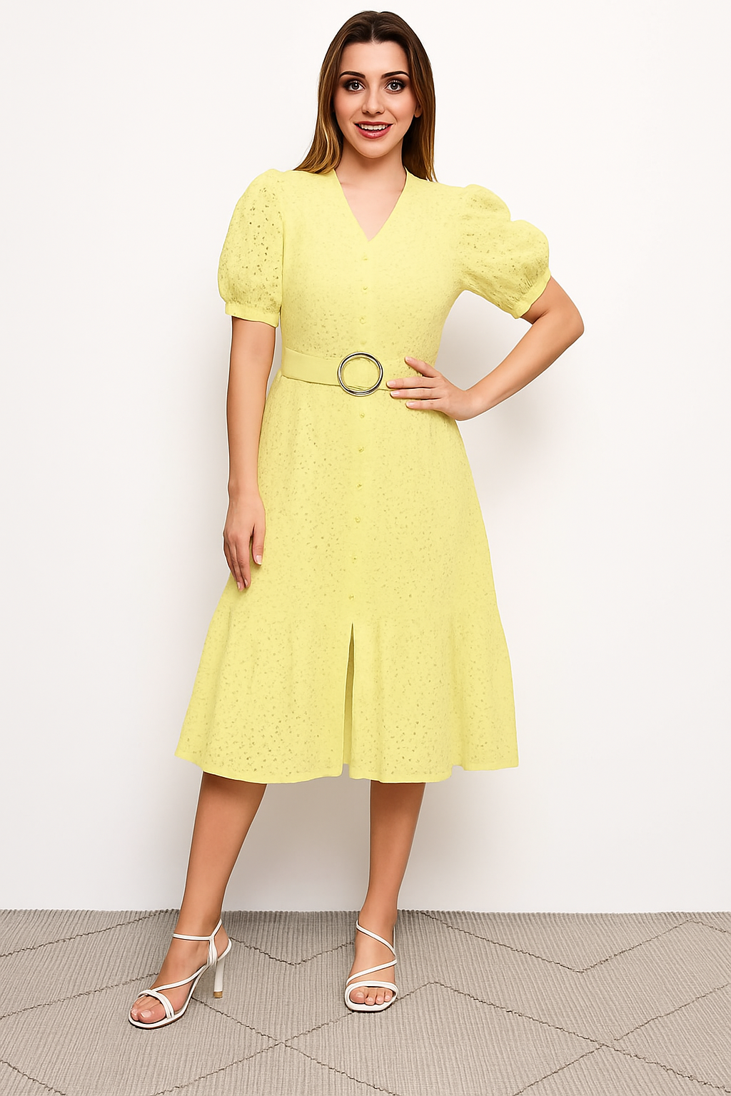 Women V-Neck Schiffli Detail Embroidered Puff Sleeve Midi Fit and Flare Dress