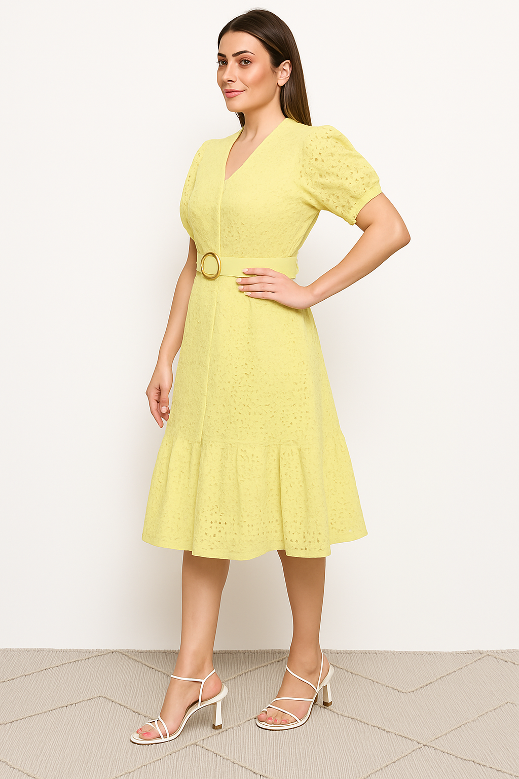 Women V-Neck Schiffli Detail Embroidered Puff Sleeve Midi Fit and Flare Dress