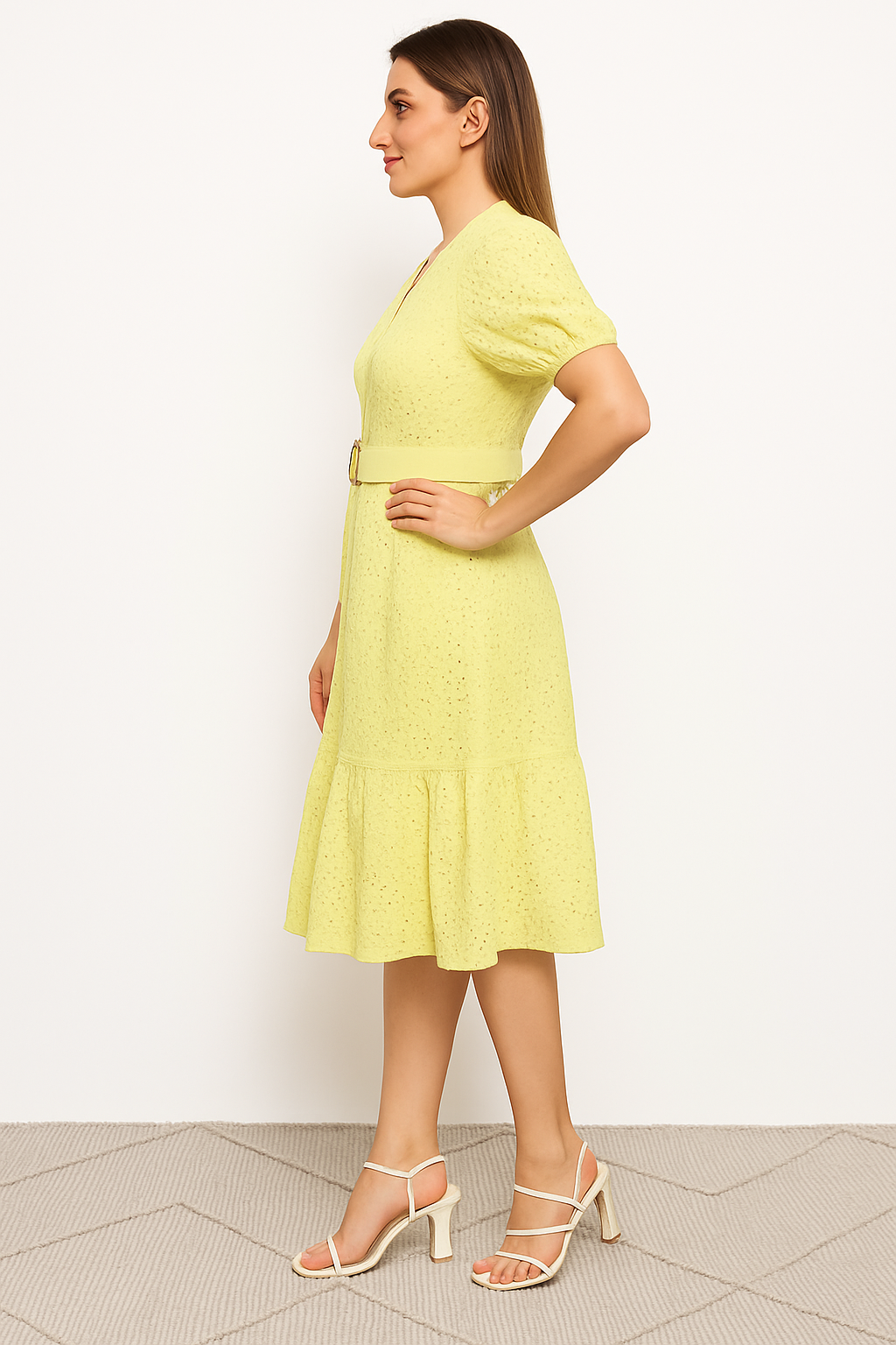 Women V-Neck Schiffli Detail Embroidered Puff Sleeve Midi Fit and Flare Dress