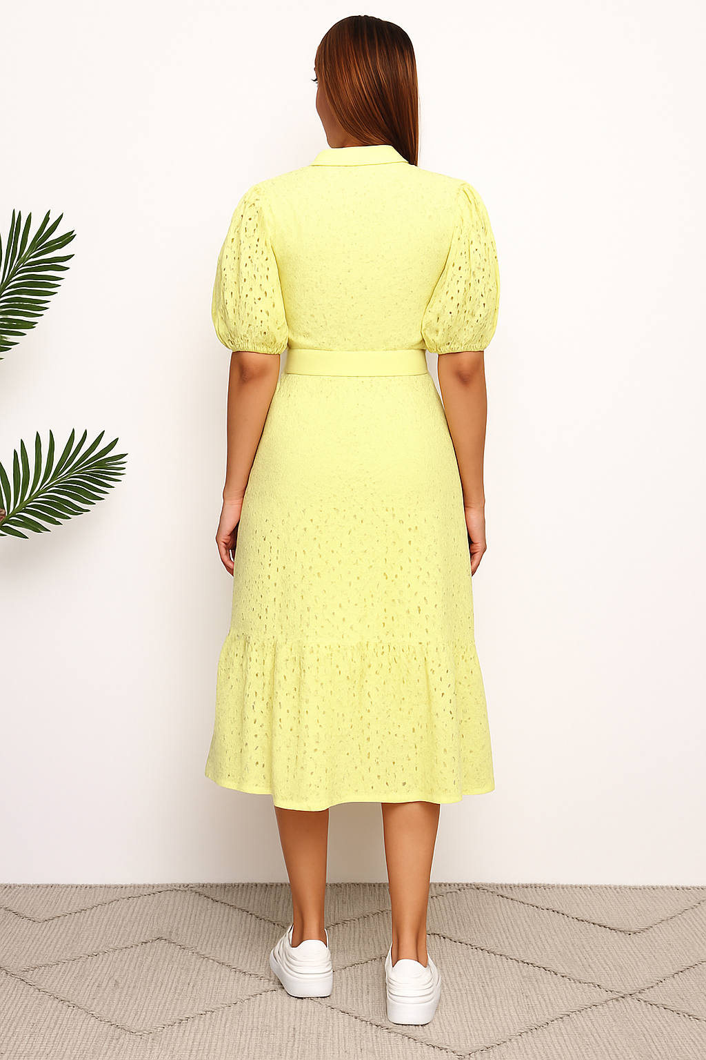 Women V-Neck Schiffli Detail Embroidered Puff Sleeve Midi Fit and Flare Dress