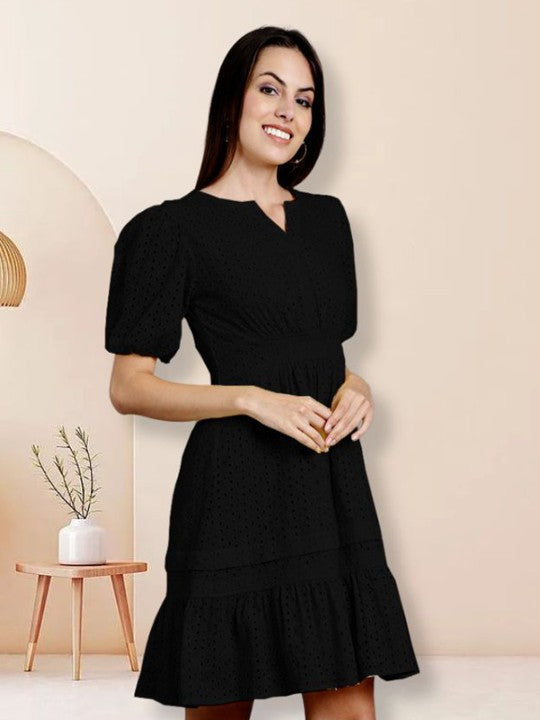Schiffli Puff Sleeve Smocked Pure Cotton Fit & Flare Dress