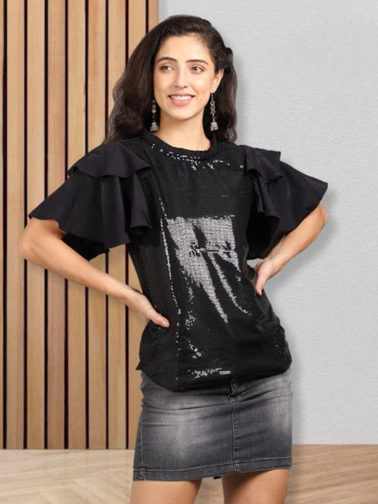 Women Embellished Flutter Sleeve Crepe Top