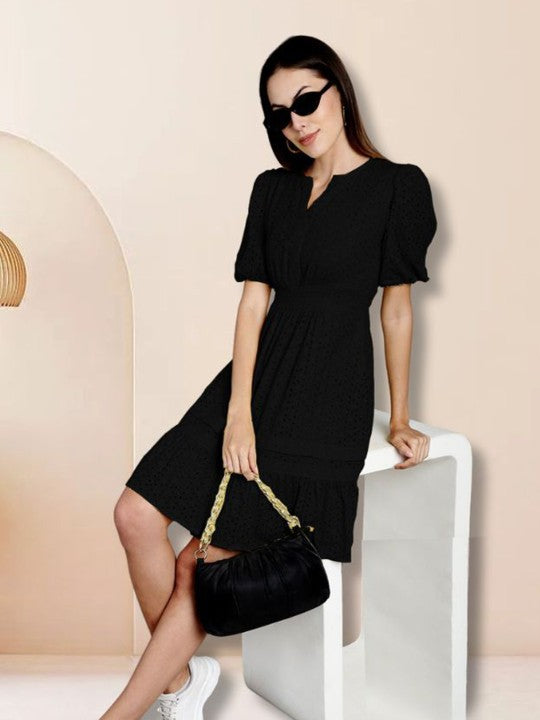 Schiffli Puff Sleeve Smocked Pure Cotton Fit & Flare Dress