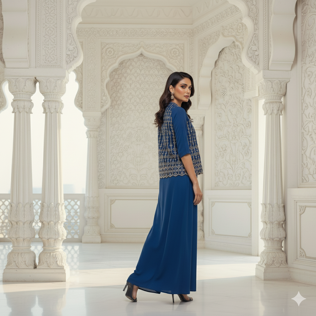 "Elegant Blue Indo-Western Ensemble with Embroidered Jacket"