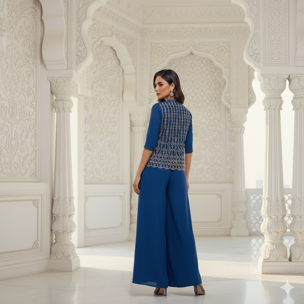"Elegant Blue Indo-Western Ensemble with Embroidered Jacket"