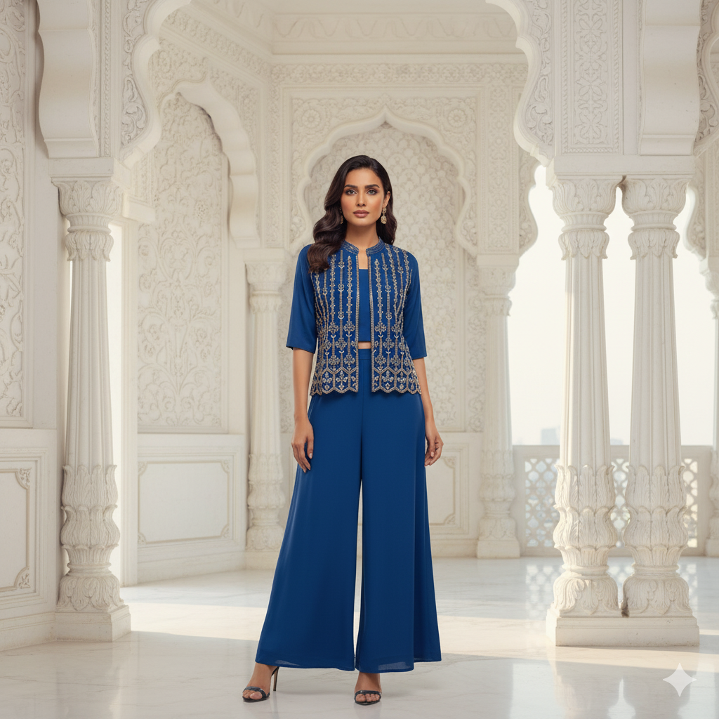"Elegant Blue Indo-Western Ensemble with Embroidered Jacket"