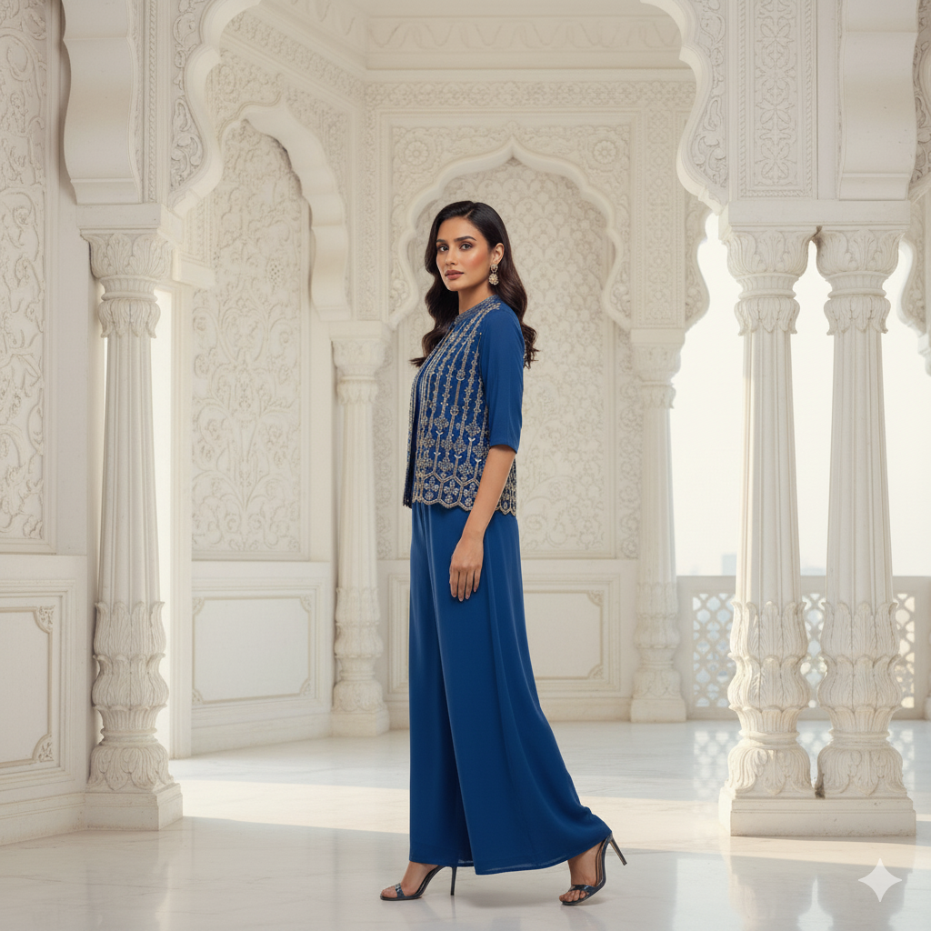 "Elegant Blue Indo-Western Ensemble with Embroidered Jacket"