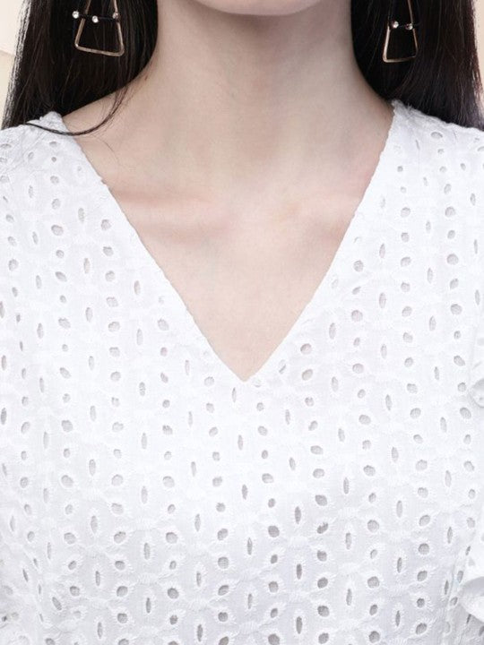 Women Embroidered Flared Sleeve Fit & Flare Cotton 2774 WHITE Dress