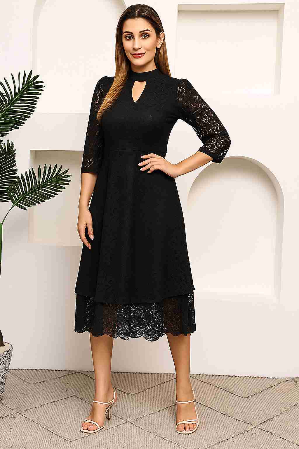Self Design Keyhole Neck Fit & Flare Midi Dress