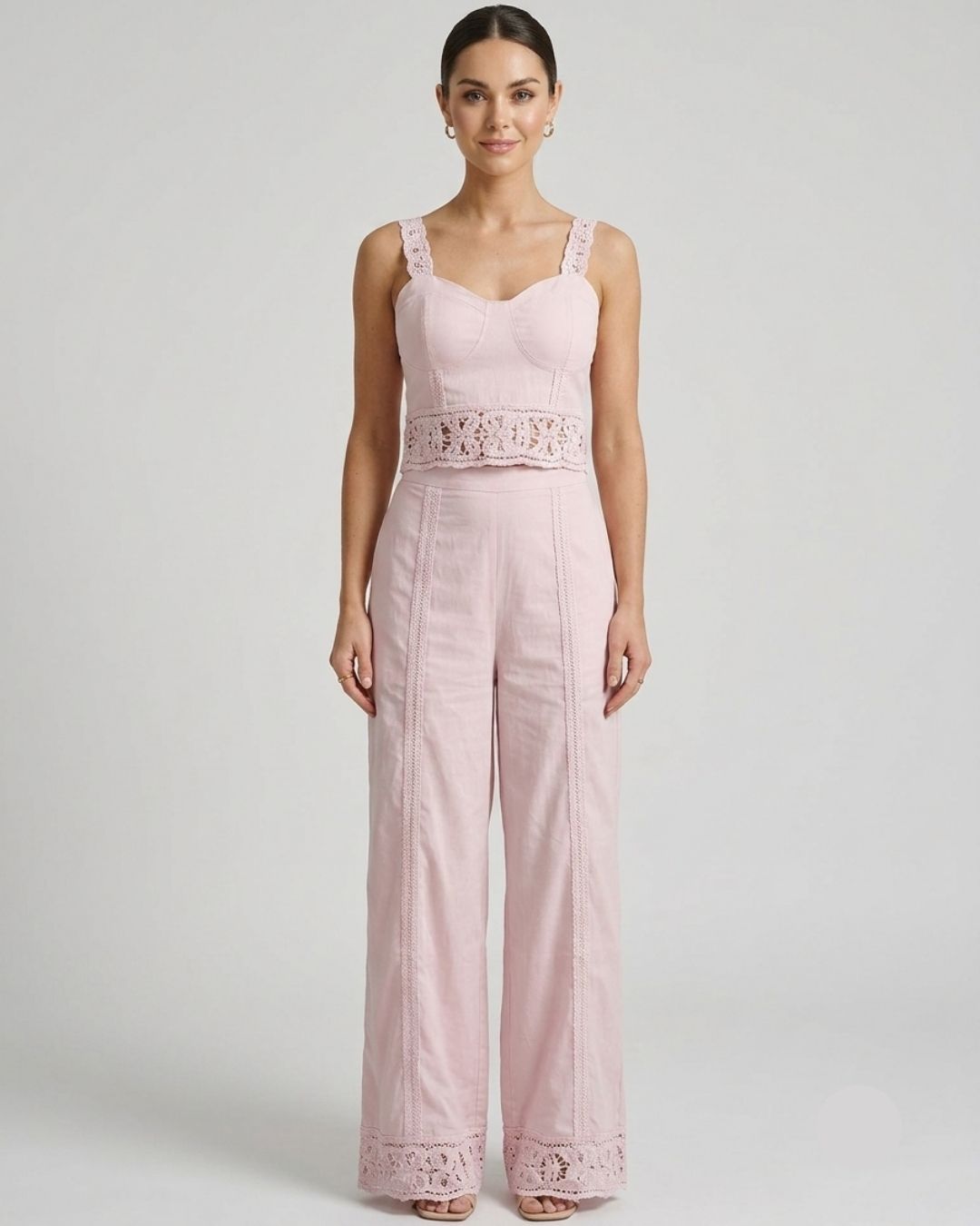 Marc Louis Women's Lace Detail Co-Ord Set | Elegant Crop Top & Wide-Leg Pants