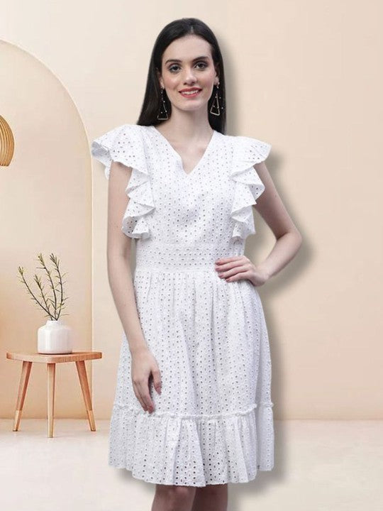 Women Embroidered Flared Sleeve Fit & Flare Cotton 2774 WHITE Dress