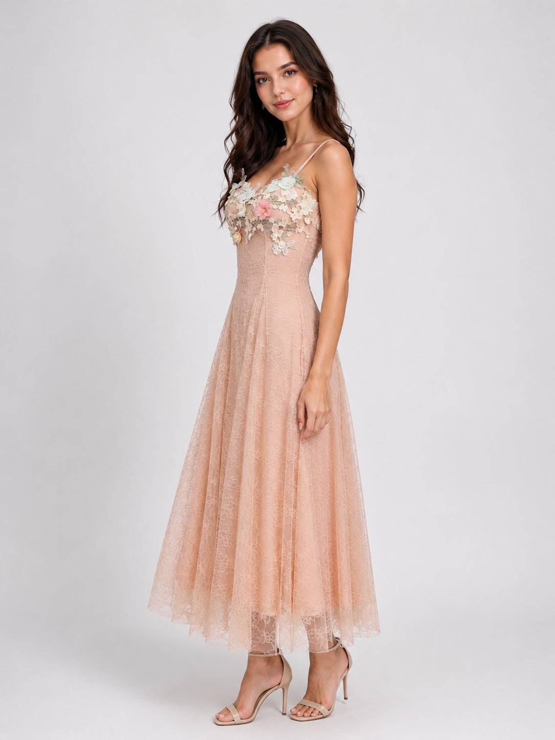 Blush Pink Floral Appliqué Lace Midi Dress for Women | Elegant Party & Evening Dress