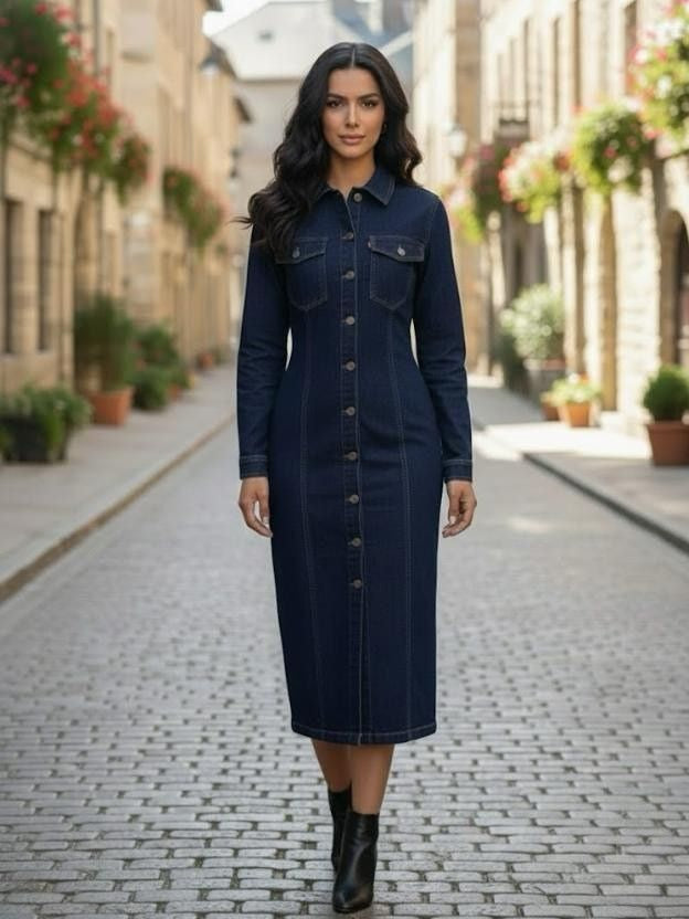 Button-Down Long Sleeve Denim Sheath