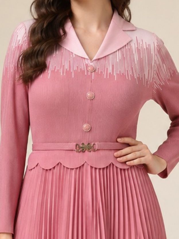 Elegant Button-Down Pleated Midi Dress with Belt