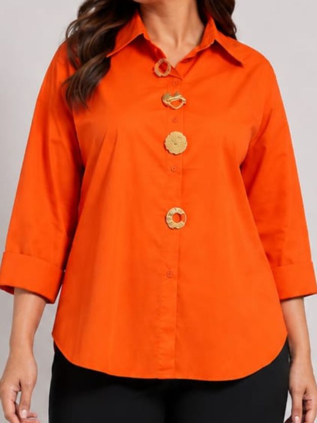 Chic Orange Collared Tunic Top with Gold Buttons