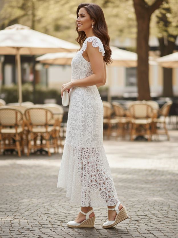 White Lace Midi Dress for Women | Elegant Cap Sleeve Party Wear