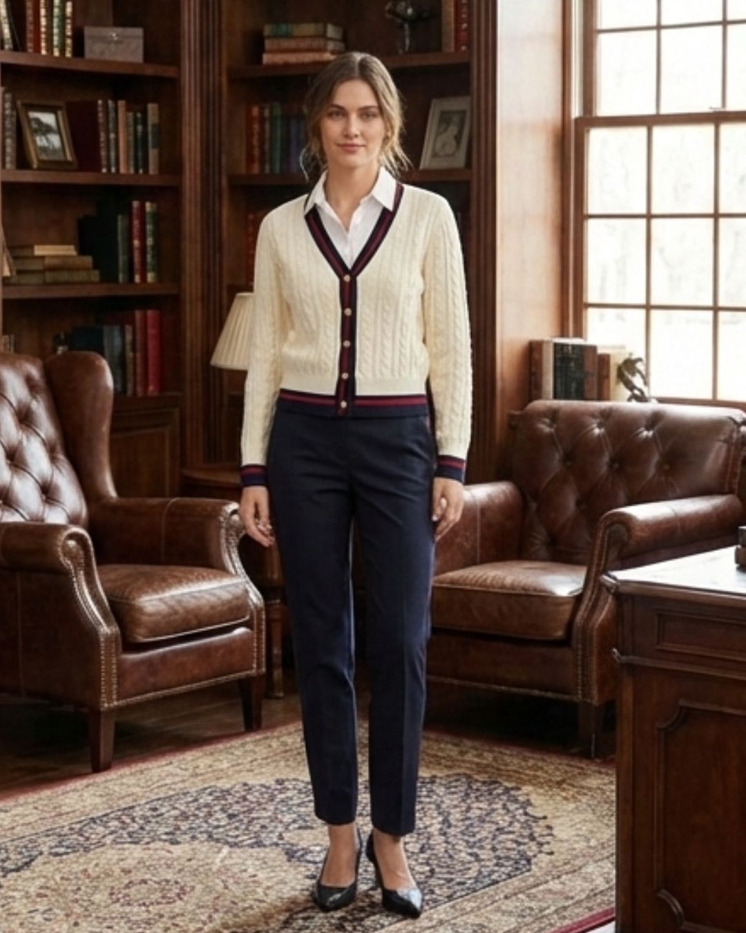 Classic Cream Cable Knit Button-Down Cardigan for Women