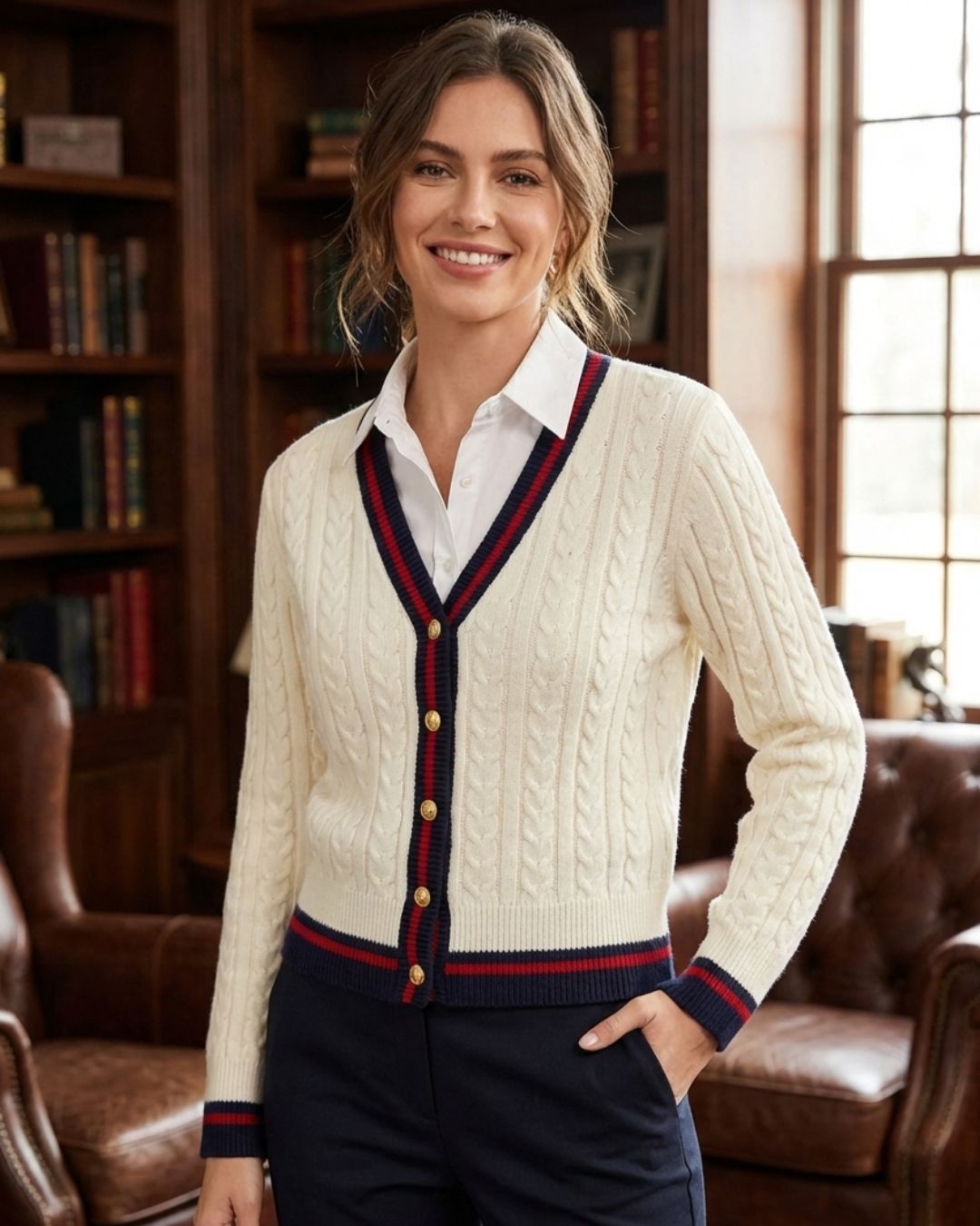 Classic Cream Cable Knit Button-Down Cardigan for Women