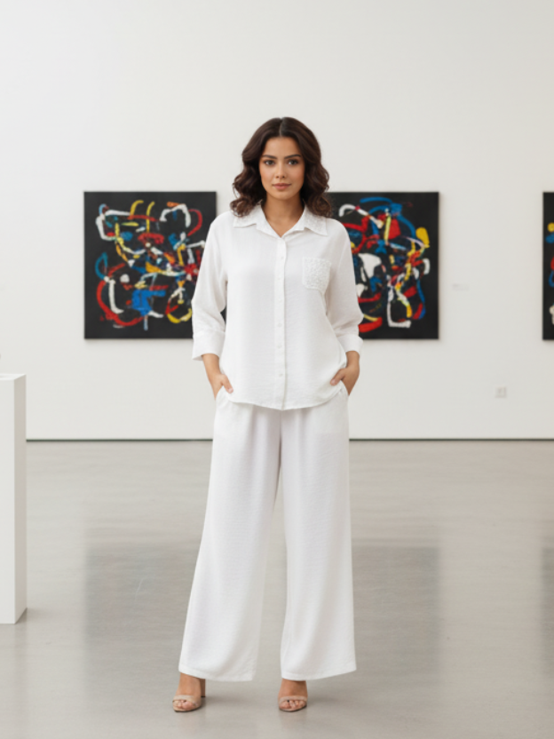 Luxe Co-ord Set With Crochet Coullerr Hand Pocket Detalling