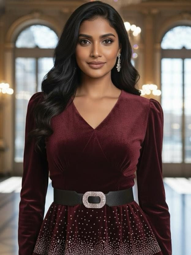 Women's Maroon Velvet Peplum Midi Dress