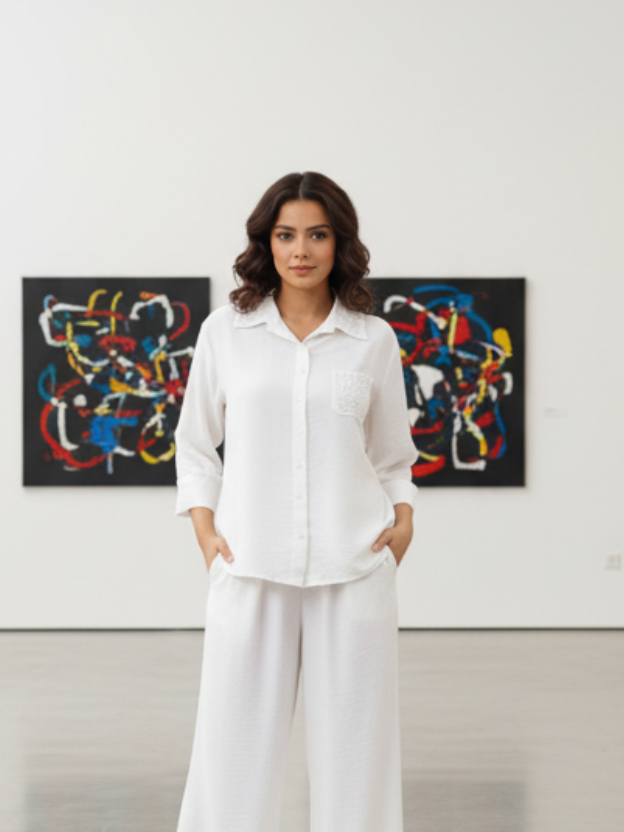 Luxe Co-ord Set With Crochet Coullerr Hand Pocket Detalling