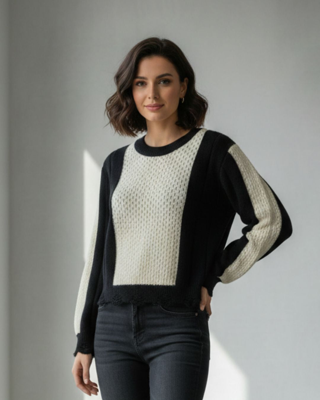 Women’s Black & Cream Colorblock Knitted Sweater Top