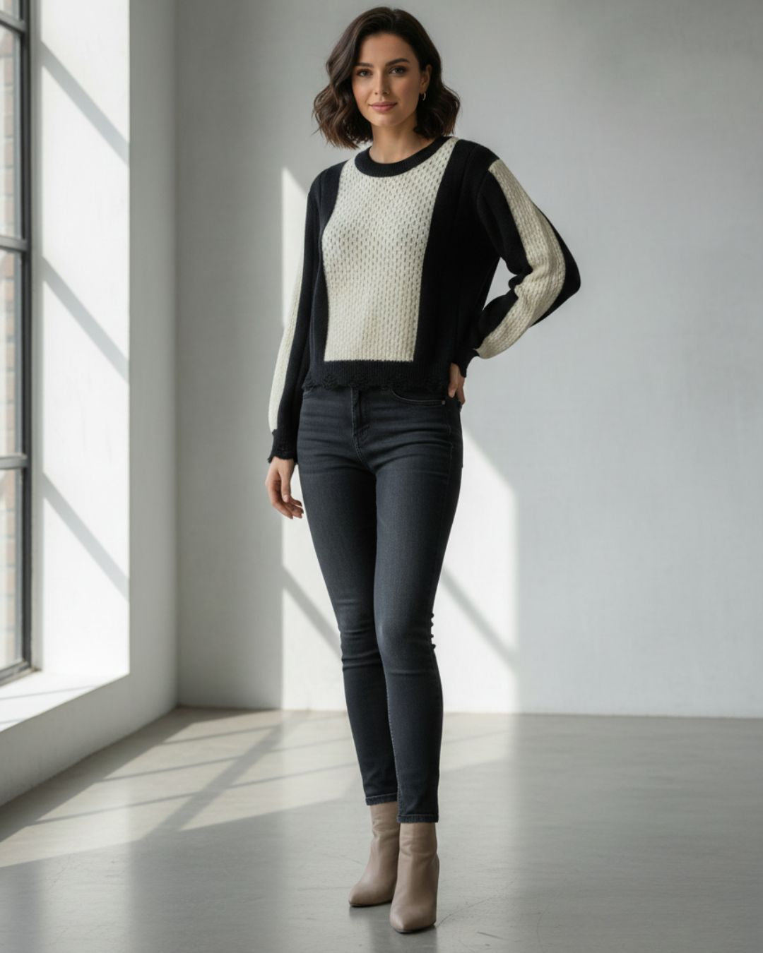 Women’s Black & Cream Colorblock Knitted Sweater Top