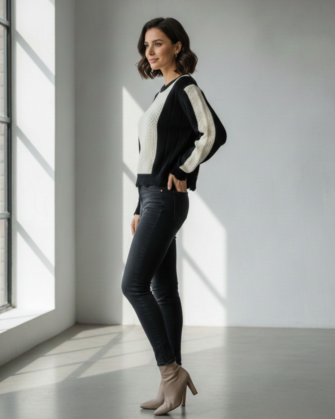 Women’s Black & Cream Colorblock Knitted Sweater Top