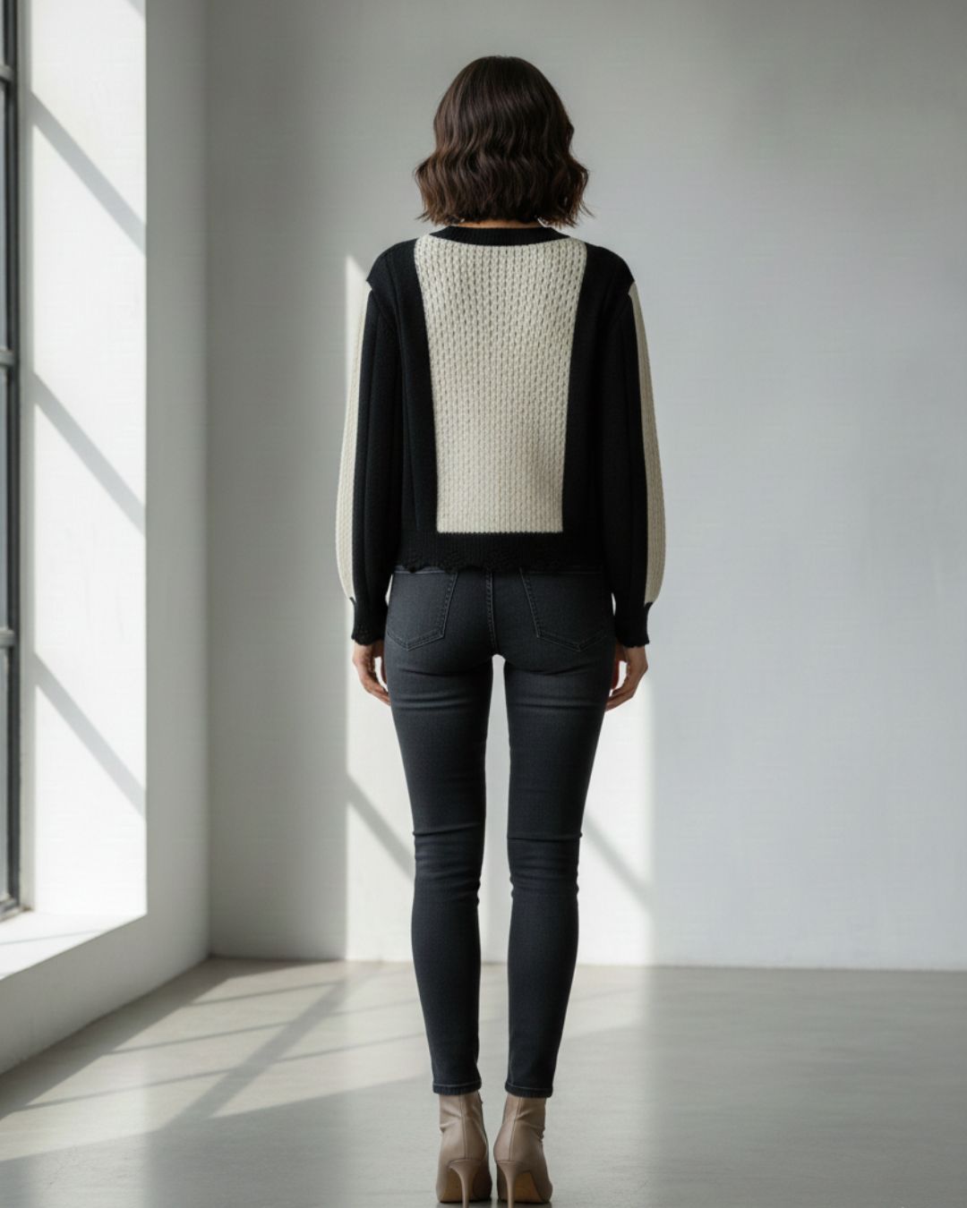 Women’s Black & Cream Colorblock Knitted Sweater Top