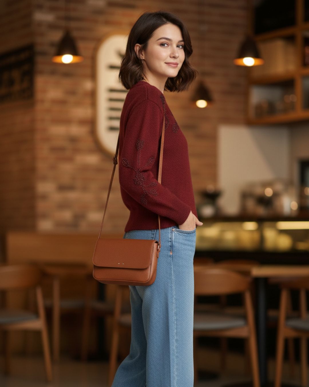 Maroon Floral Embroidered Knit Top for Women | Winter Wear