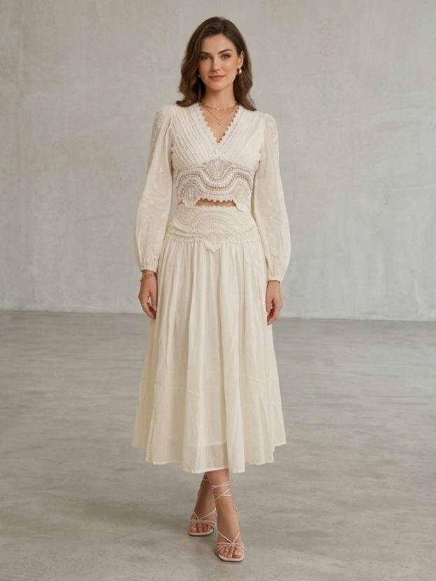 Boho Ivory Lace Two-Piece Midi Dress Set - Vintage Crochet V-Neck Long Sleeve Crop Top and Pleated Maxi Skirt