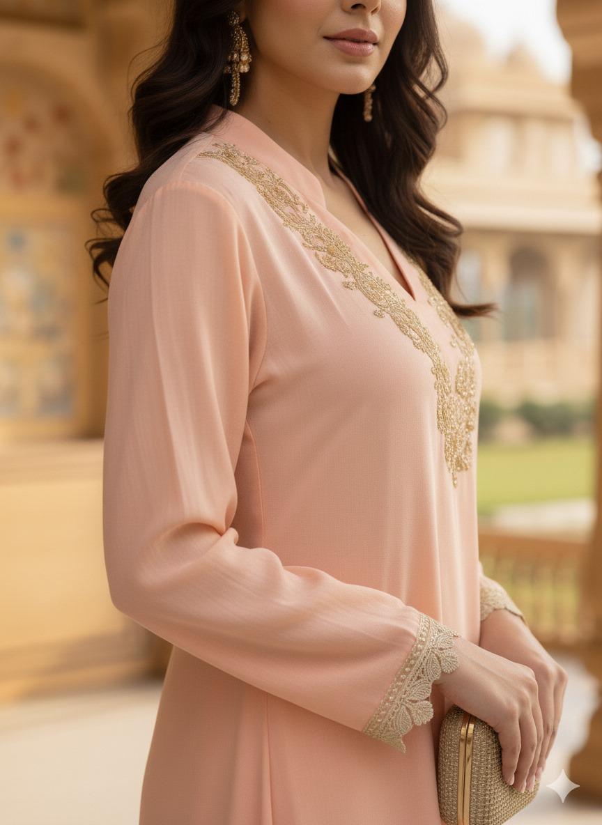 Blush peach cordset with Golden Lace Detailing