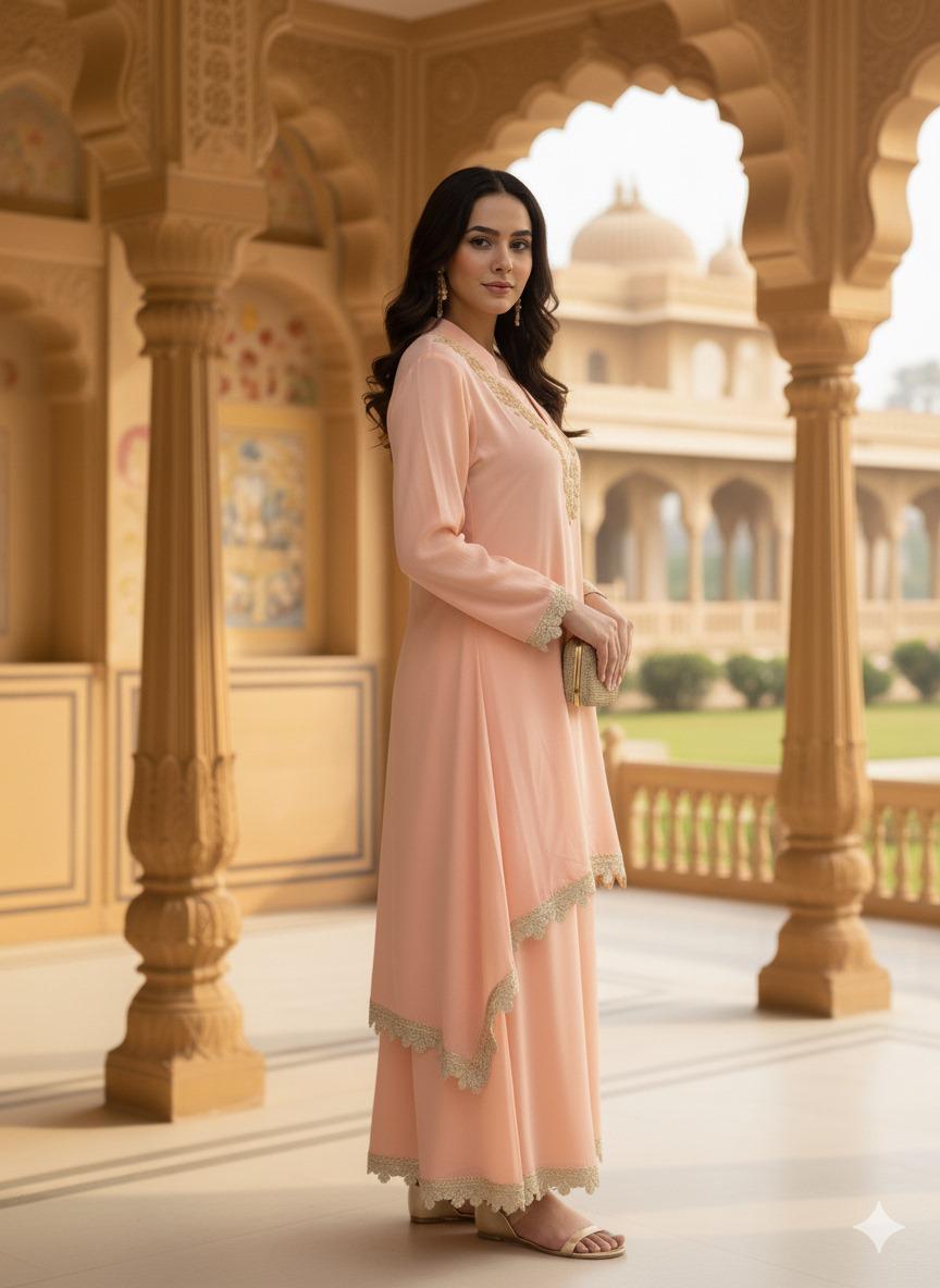 Blush peach cordset with Golden Lace Detailing